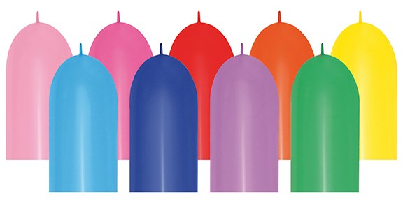 Assortment of 10 colorful latex balloons in pink, light blue, dark blue, purple, red, orange, green, and yellow, rounded.