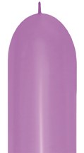 Lilac purple elongated latex balloon with a rounded tip and uninflated neck.