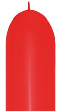 Long, cylindrical red latex balloon with a rounded tip and a small tied end at the top.