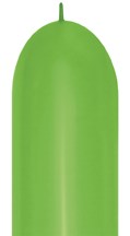 Bright green elongated latex balloon with a rounded tip and uninflated neck.