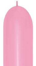 Tall, slender bubble gum pink latex balloon with a tied end, smooth surface, and elongated shape.