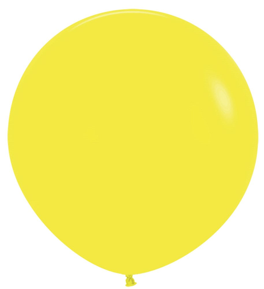 Bright yellow round latex balloon inflated to full size with smooth surface and tied end.