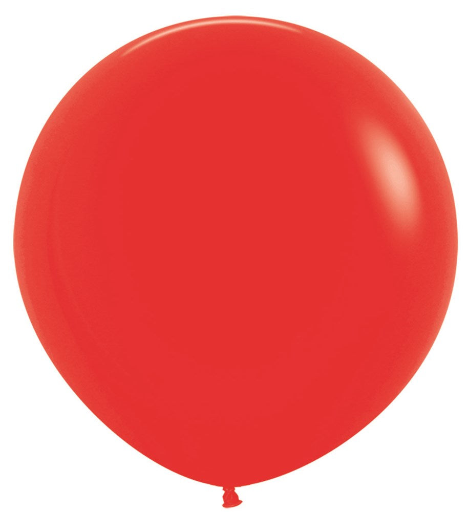 Large round bright red latex balloon with a smooth shiny surface and tied end.