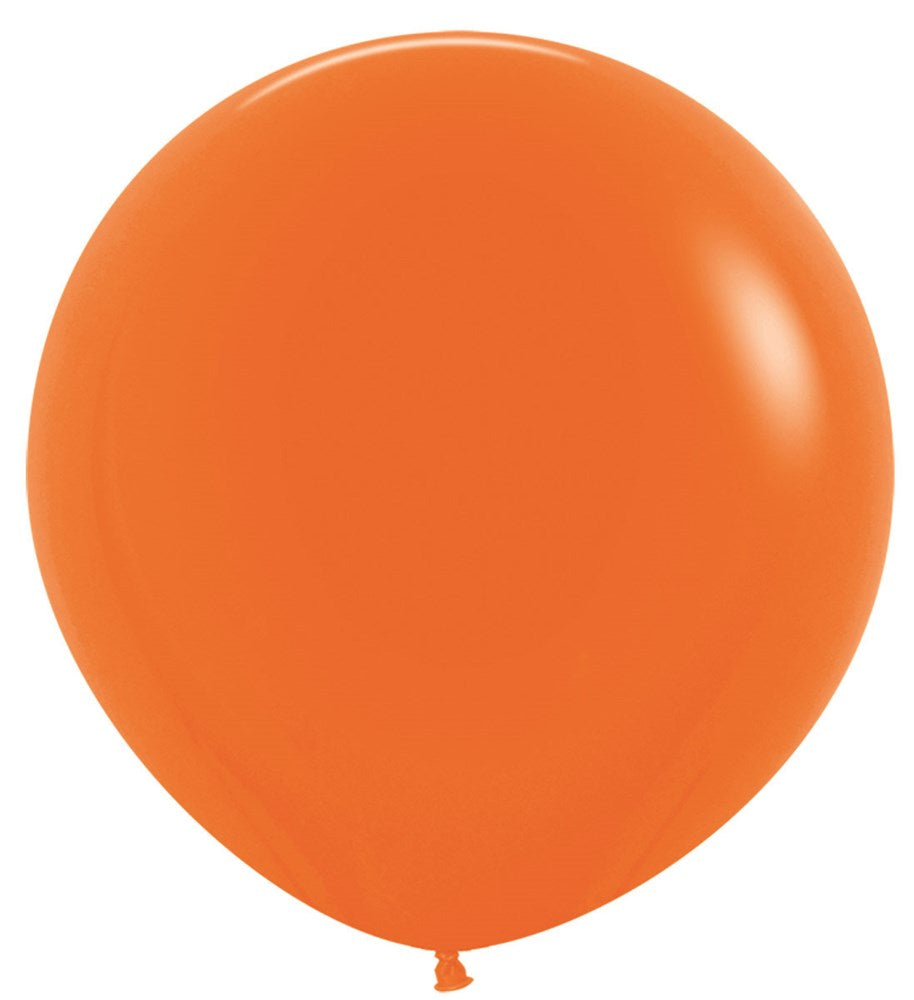 Glossy bright orange 24-inch round latex balloon inflated and smooth-textured.