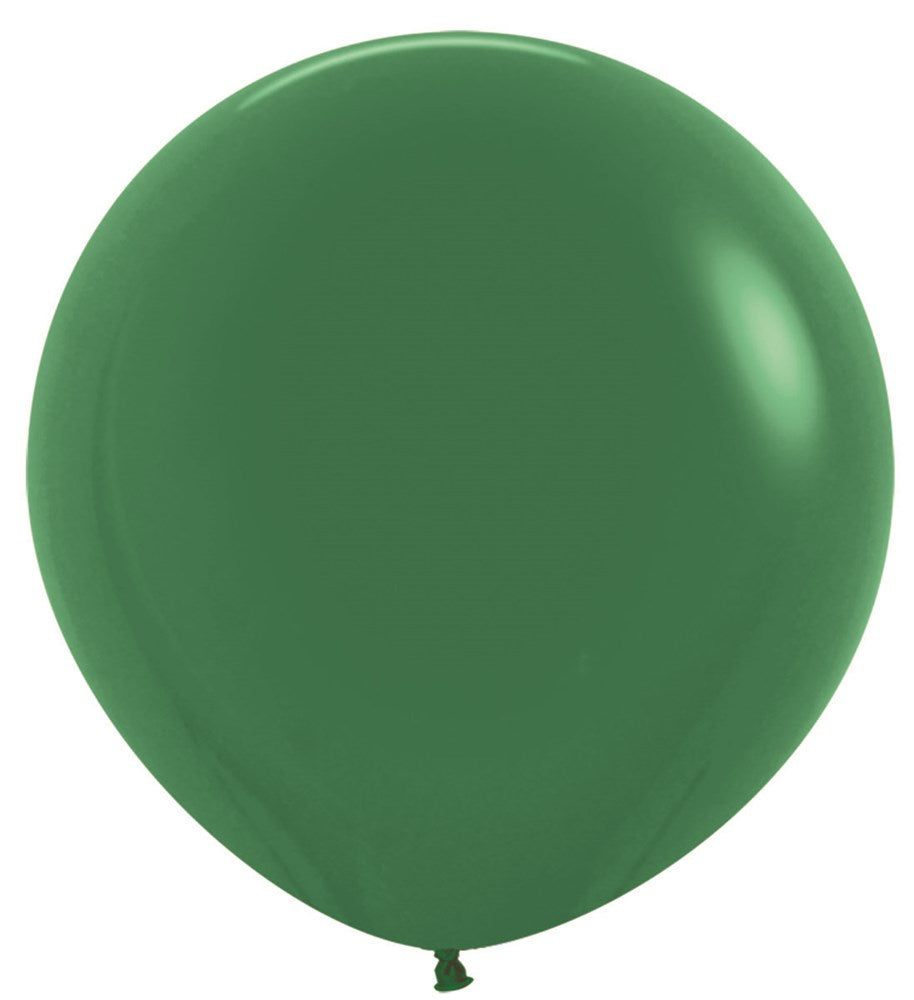 Forest green round latex balloon, 24 inches, smooth glossy surface, uninflated knot end visible.