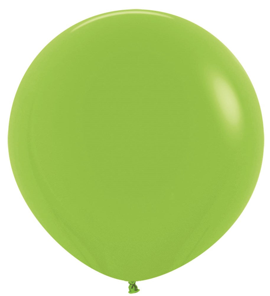Round key lime green latex balloon, 24 inches, smooth surface, inflated and tied at the base.