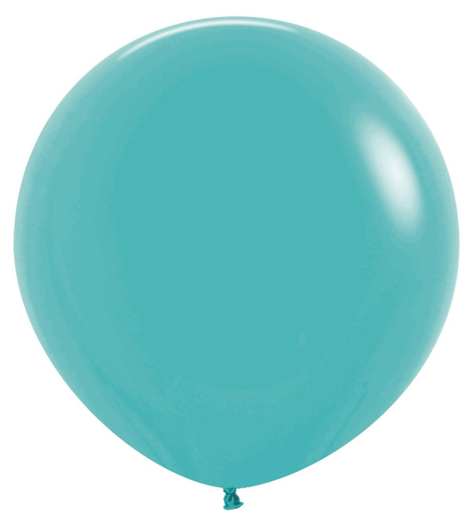 Glossy turquoise blue latex balloon, 24 inches, inflated, smooth surface, round shape.