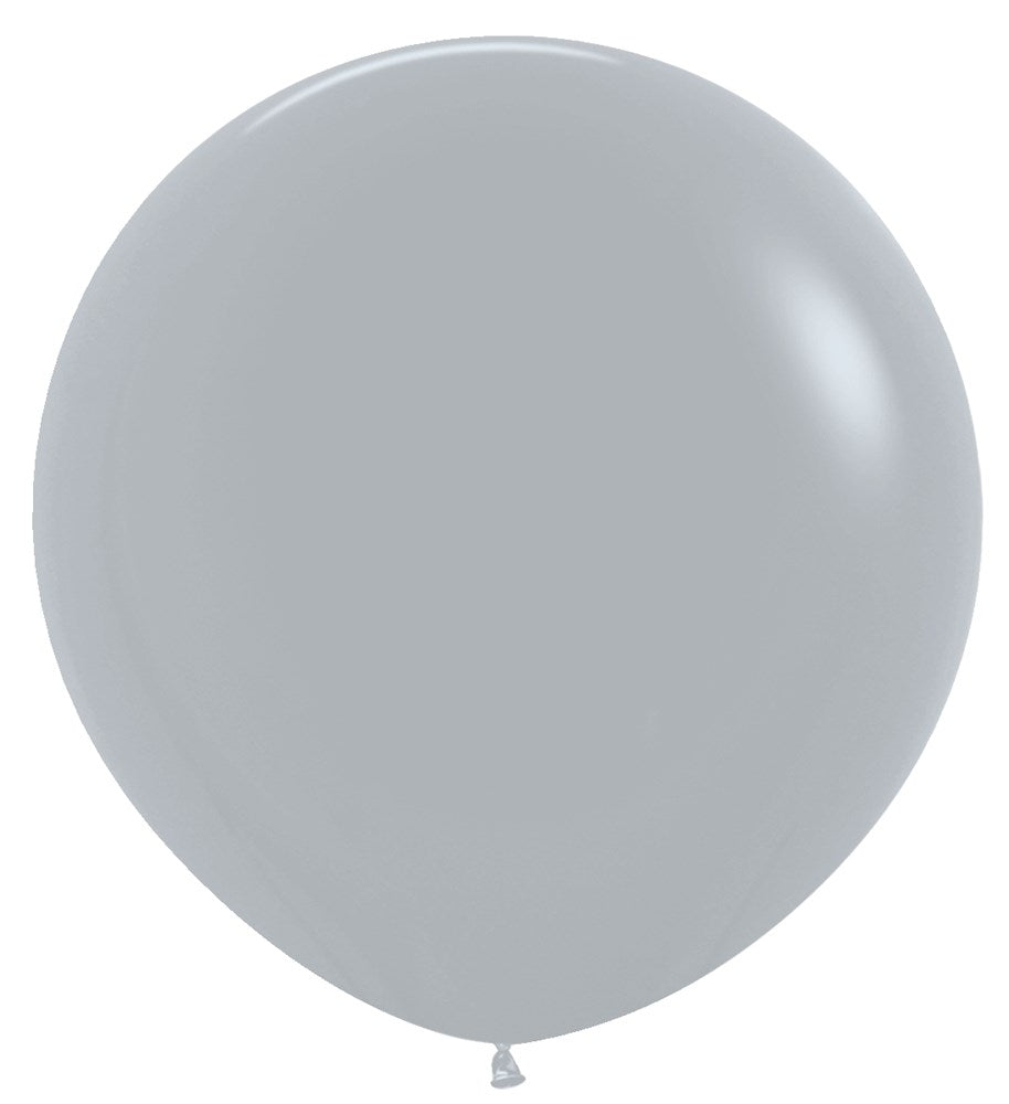 Large round grey latex balloon, smooth surface, inflated, 24 inch diameter.