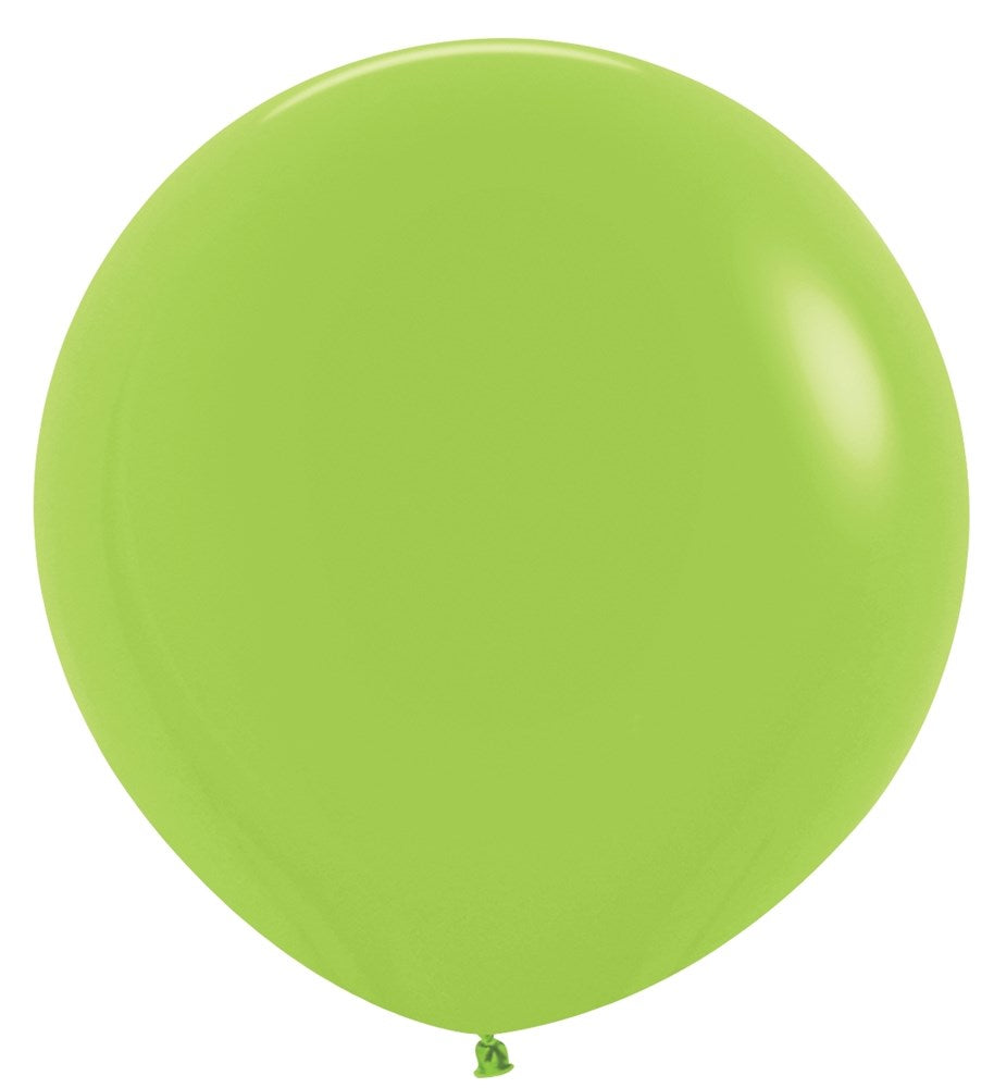 Neon green 24-inch round latex balloon with a smooth surface and tied end.