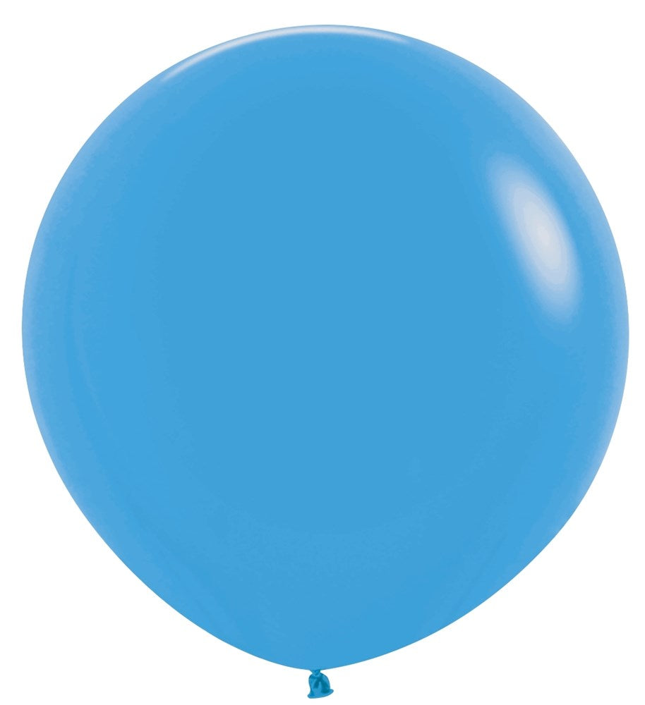 Round 24-inch neon blue latex balloon with smooth, shiny surface and tied end.