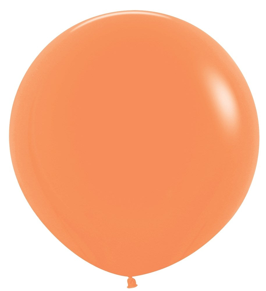 Round 24-inch bright neon orange latex balloon with smooth surface and tied end.
