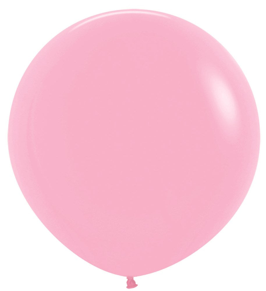 Bubblegum pink round latex balloon, 24 inches, smooth shiny surface, inflated.