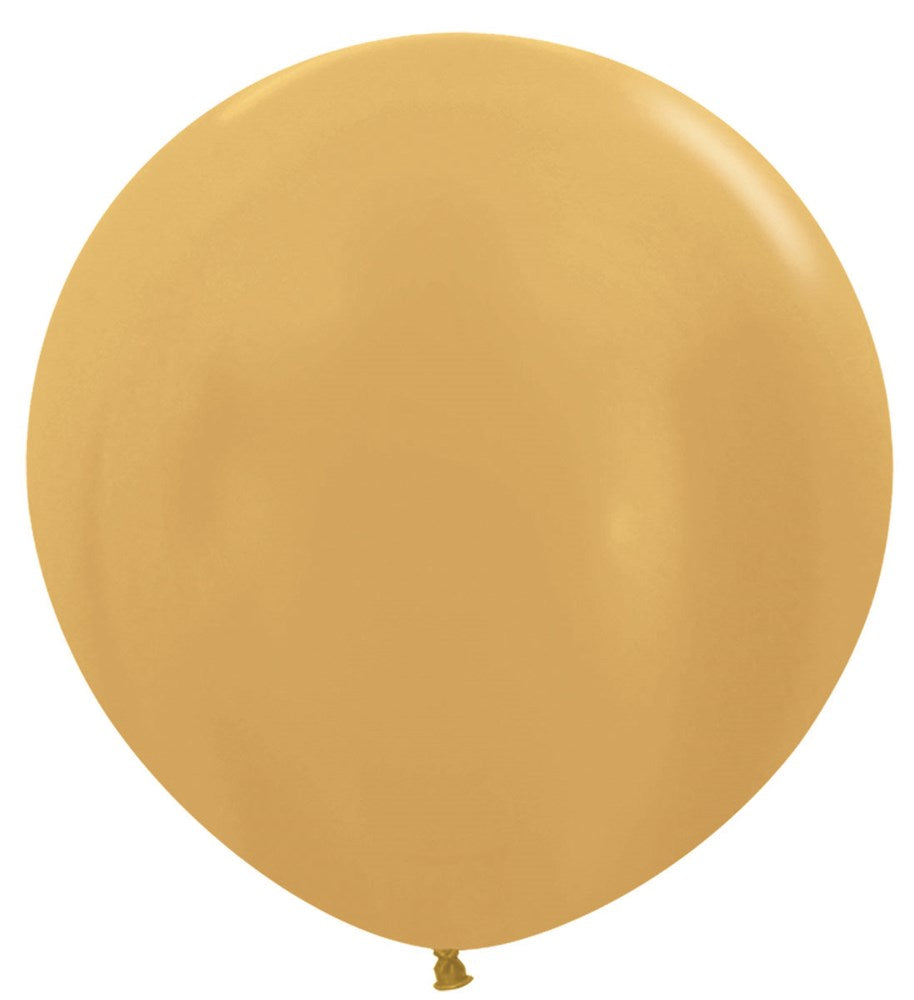 Large round metallic gold latex balloon with smooth, shiny surface and tied end.