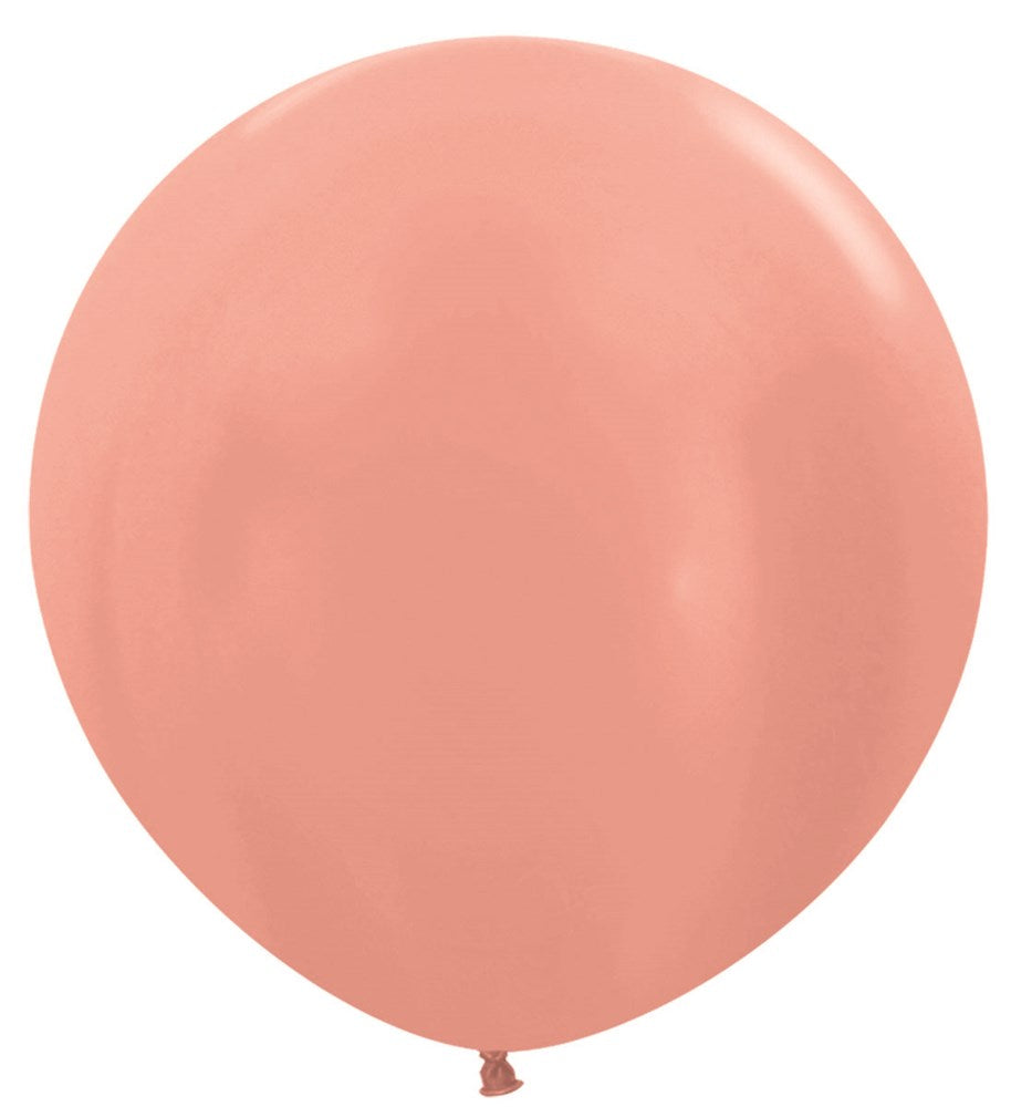 Round metallic rose gold latex balloon, 24-inch inflated size with smooth glossy finish.