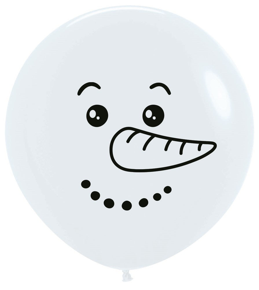 White latex balloon with a printed snowman face featuring black eyes, carrot nose, and coal smile.