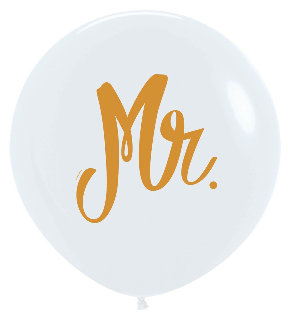 White 24-inch latex balloon with orange "Mr." script text, round shape, glossy finish.