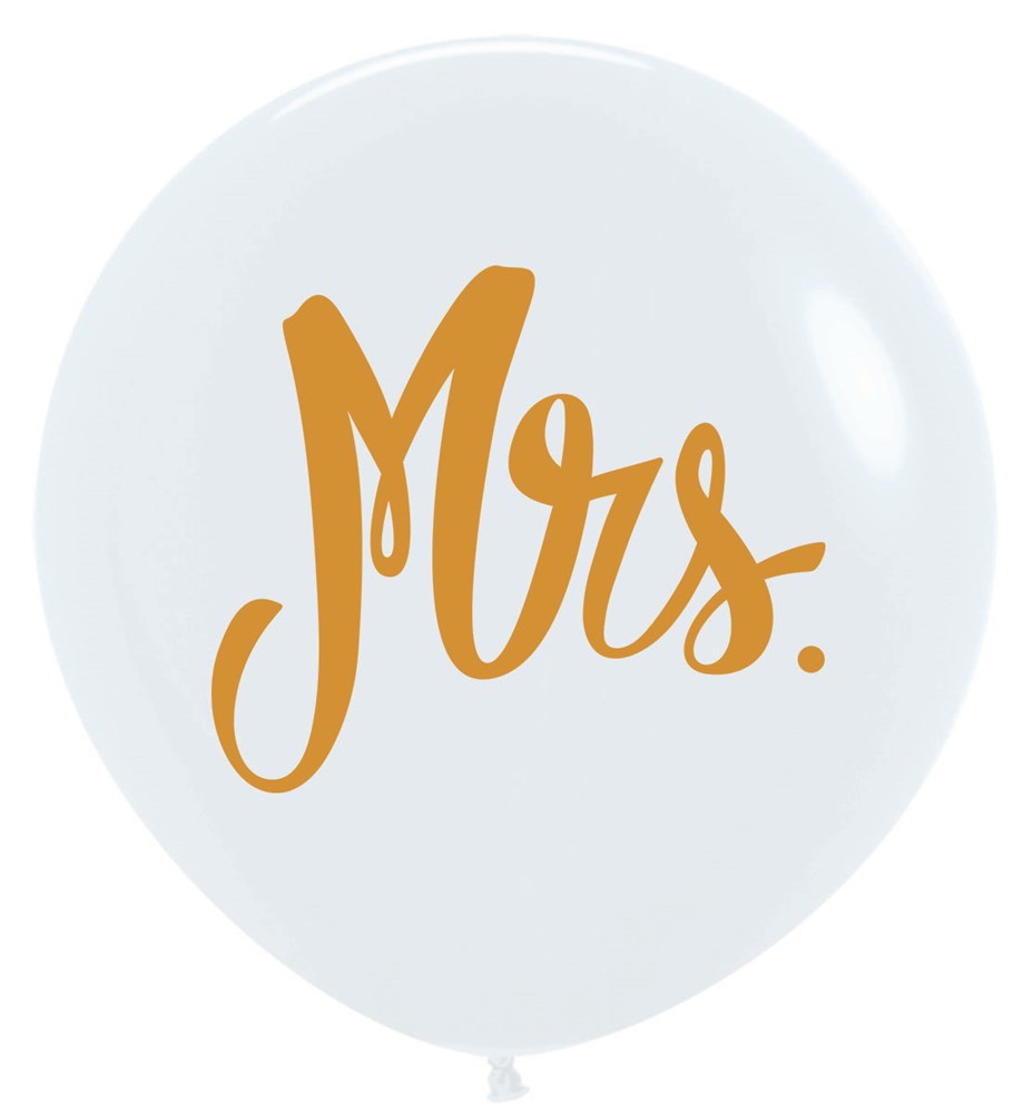 24-inch white latex balloon with gold script "Mrs." text.