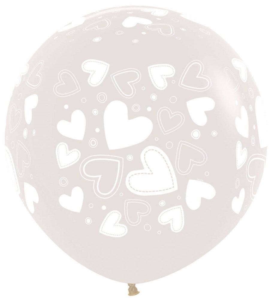 24-inch clear latex balloon with assorted white heart prints scattered on surface.