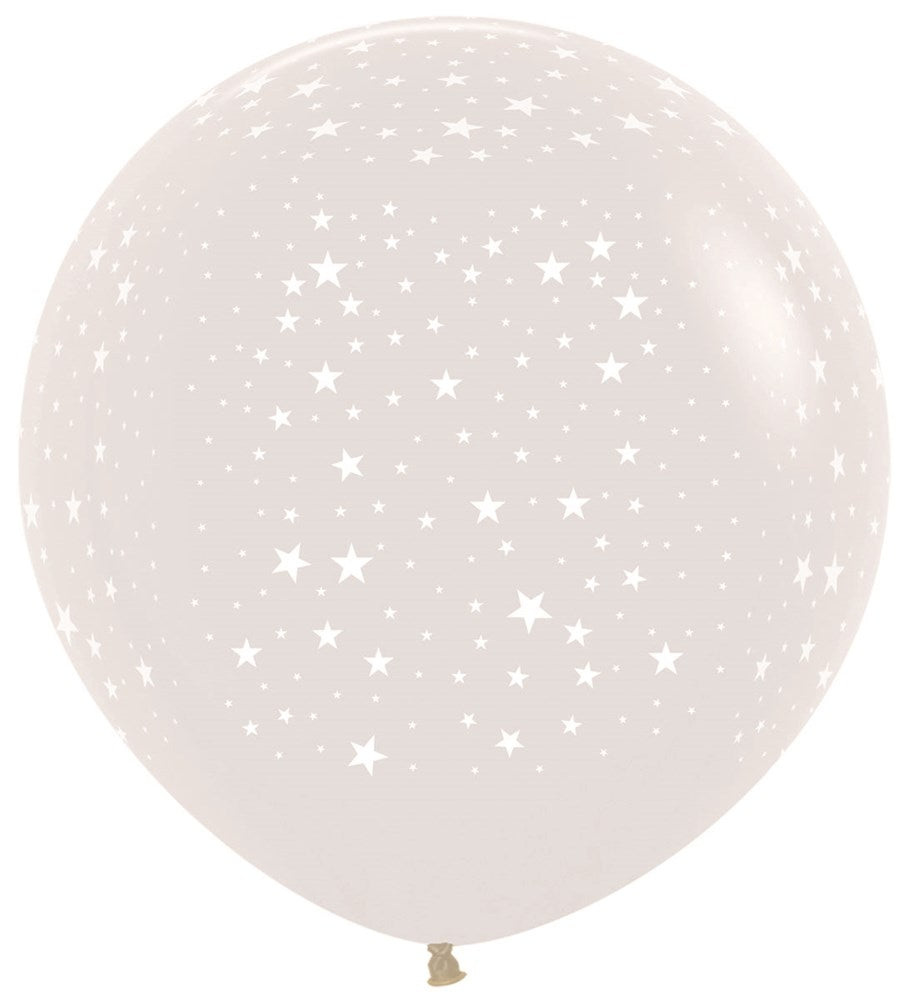 24-inch clear latex balloon with white scattered star pattern.
