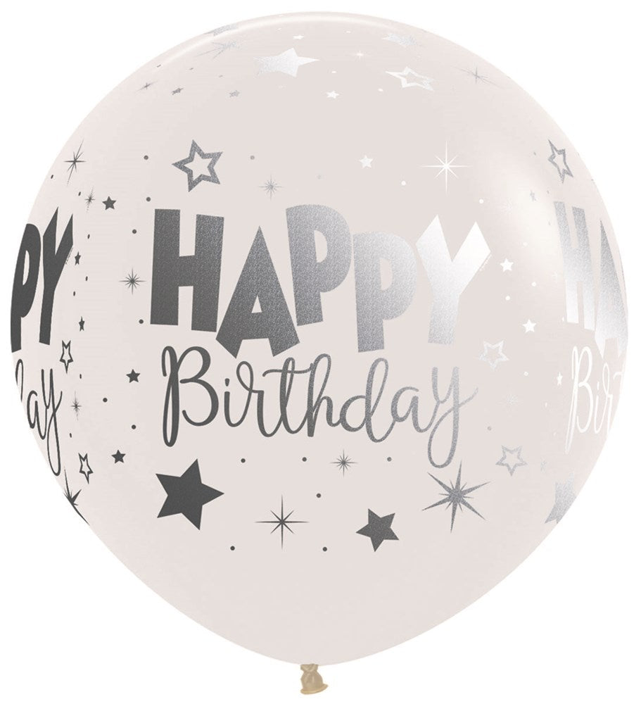 24-inch clear latex balloon with silver "Happy Birthday" text and star confetti print.