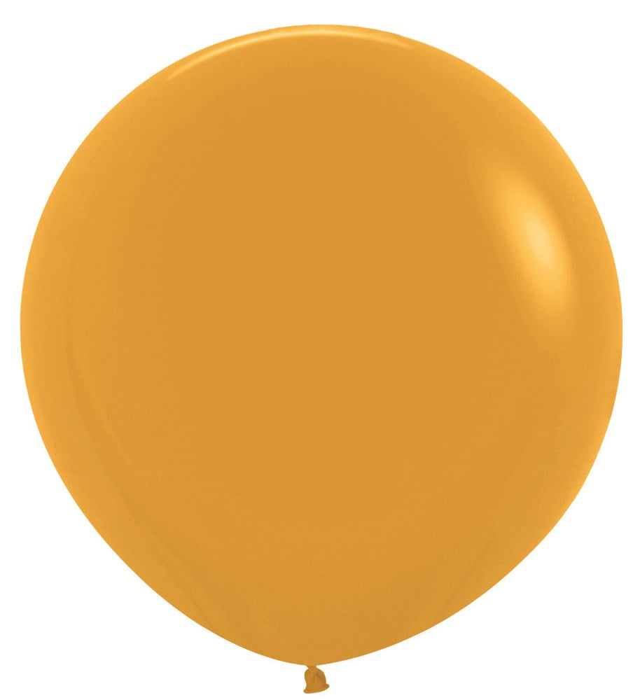 Round mustard yellow latex balloon with a smooth, glossy surface, 24 inches inflated size.