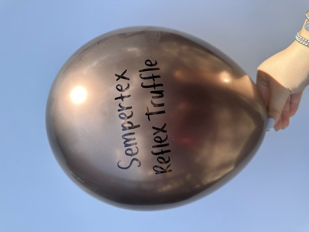 Glossy 24-inch round latex balloon in metallic brown with "Sempertex Reflex Truffle" text printed vertically.