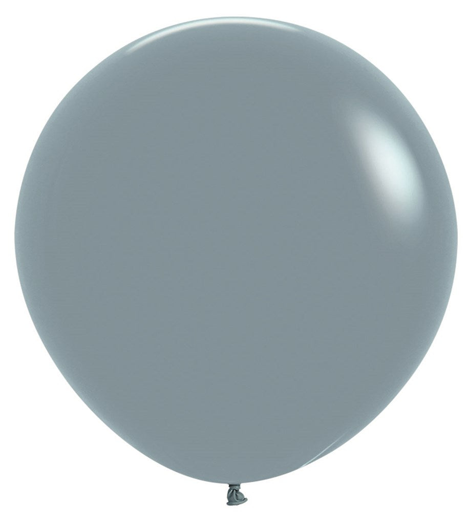 Large round pastel dusk blue latex balloon with a smooth, glossy surface and tied end.