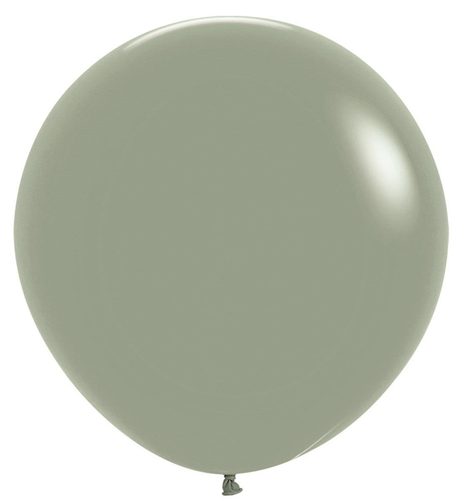 Round latex balloon in muted pastel dusky green, 24 inches inflated size.