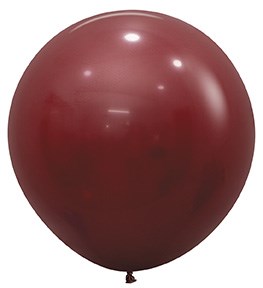 Glossy deep merlot red 24-inch round latex balloon inflated and tied at the bottom.