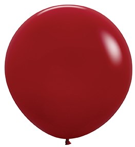 Glossy deep red latex balloon, round 24-inch shape, inflated and tied at the base.