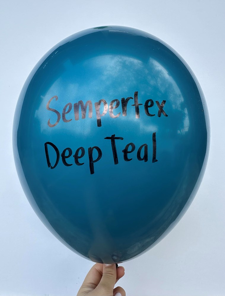 Deep teal, glossy latex balloon inflated to 24 inches with Sempertex branding and "Deep Teal" text printed on front.