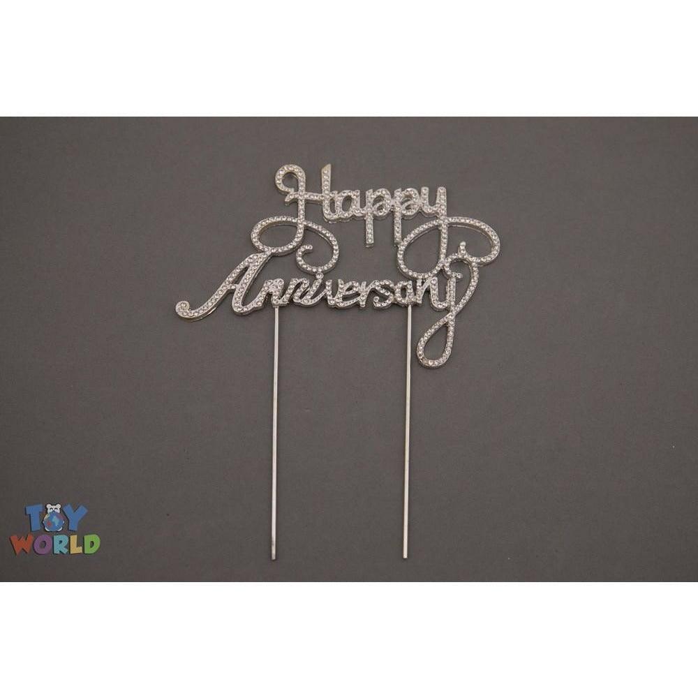 6.75inW x 5inH Happy Anniversary Rhinestone Cake Topper 1pc/Pk - Silver - Toy World Inc