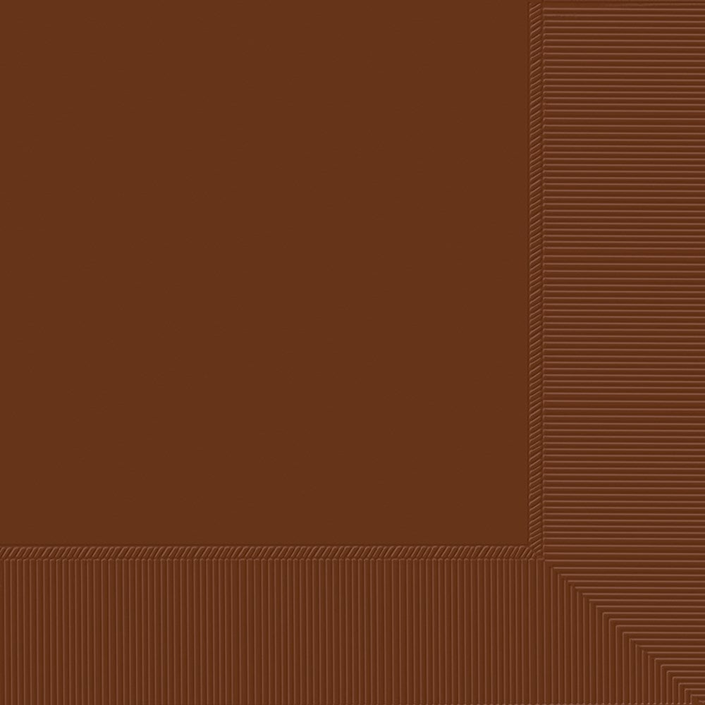 Square chocolate brown 2-ply beverage napkin with embossed border, pack of 40.