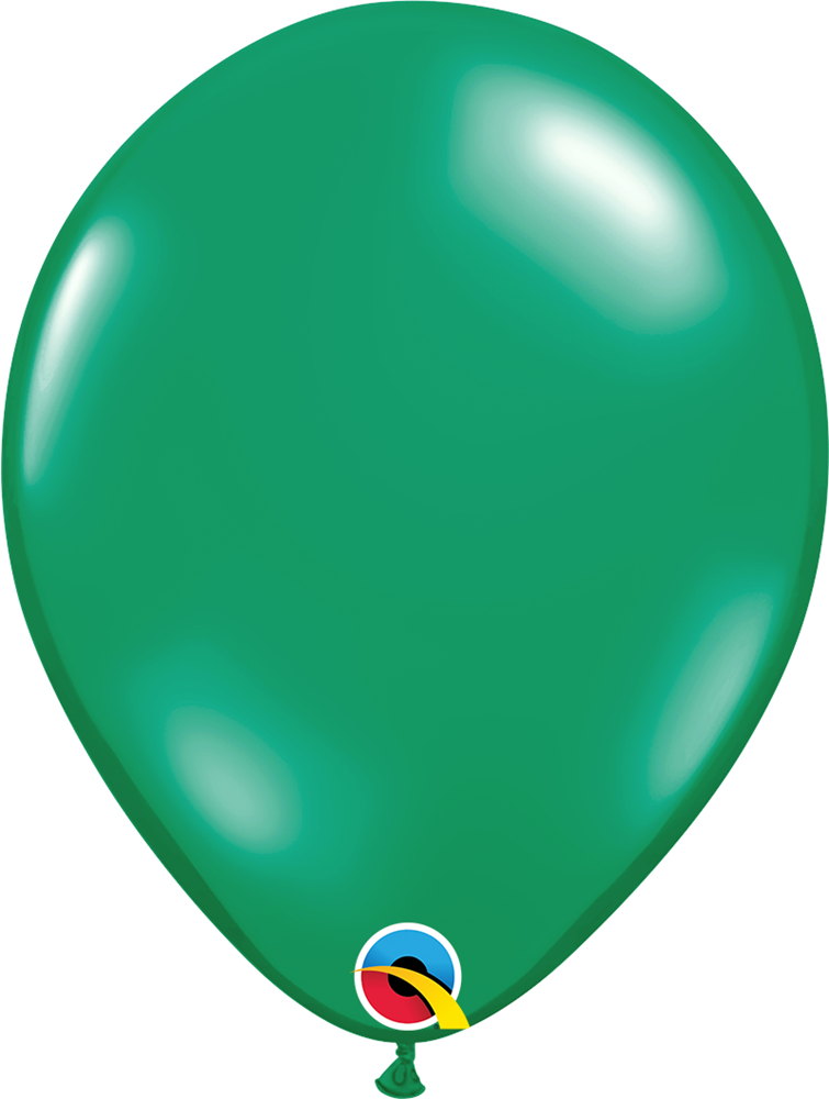 Shiny emerald green latex balloon, 11 inches, round shape, inflated and smooth surface.