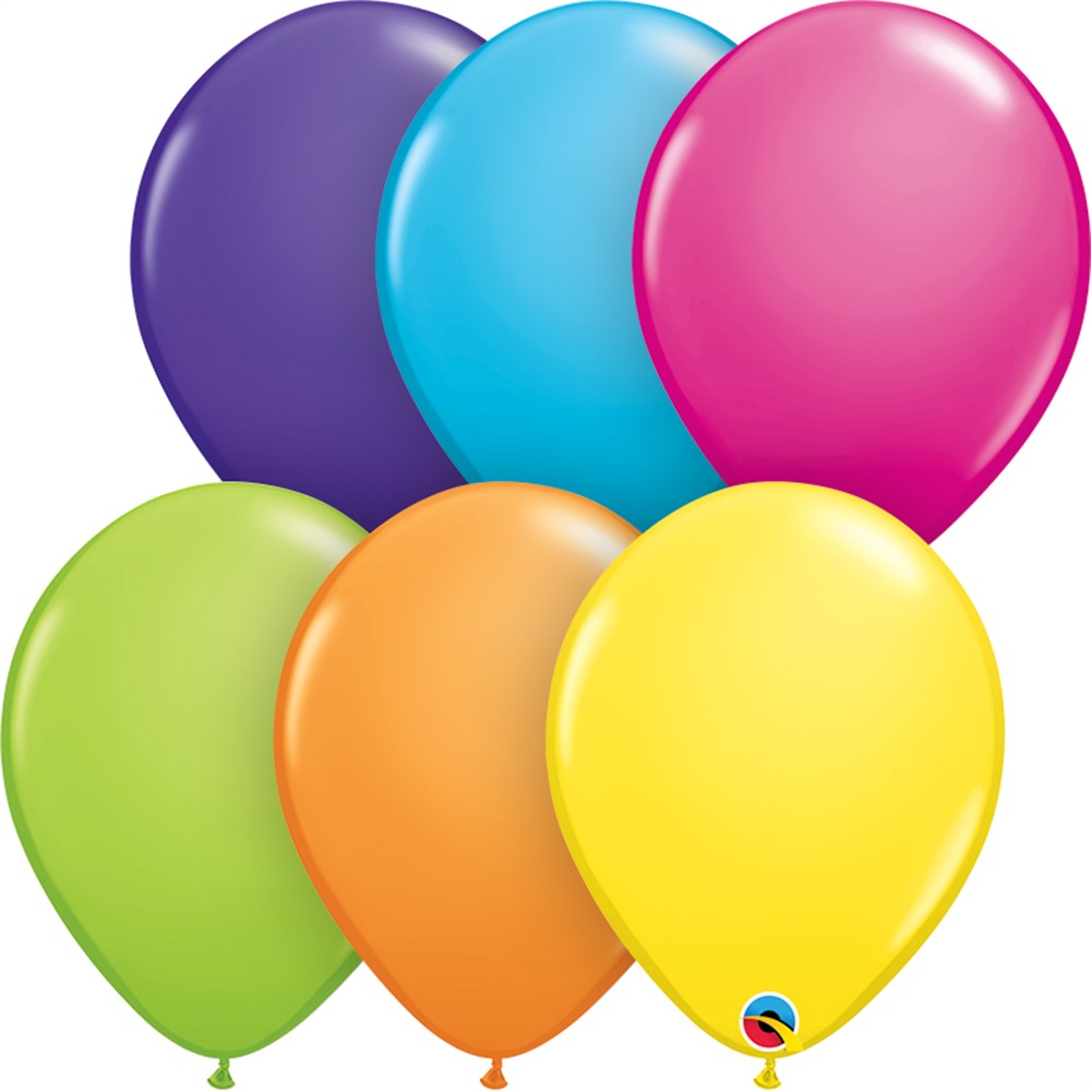 Assorted 11 inch latex balloons in purple, teal, pink, lime green, orange, and yellow colors.