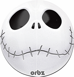 Round white foil balloon featuring Jack Skellington's black eyes, nose holes, and stitched mouth design.