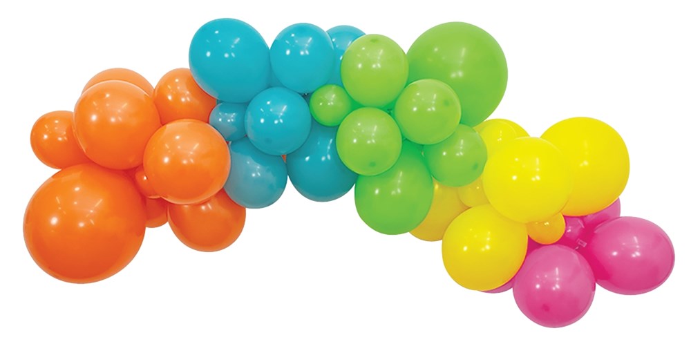Latex balloon garland kit with clusters of orange, blue, green, yellow, and pink balloons in tropical colors.