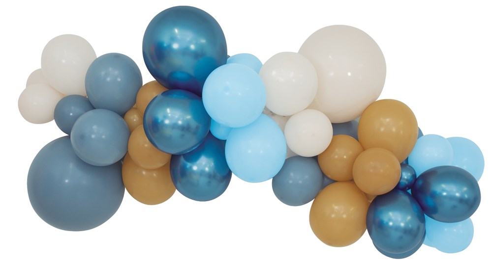 Blue, white, and gold latex balloons in various sizes arranged in a decorative garland style.