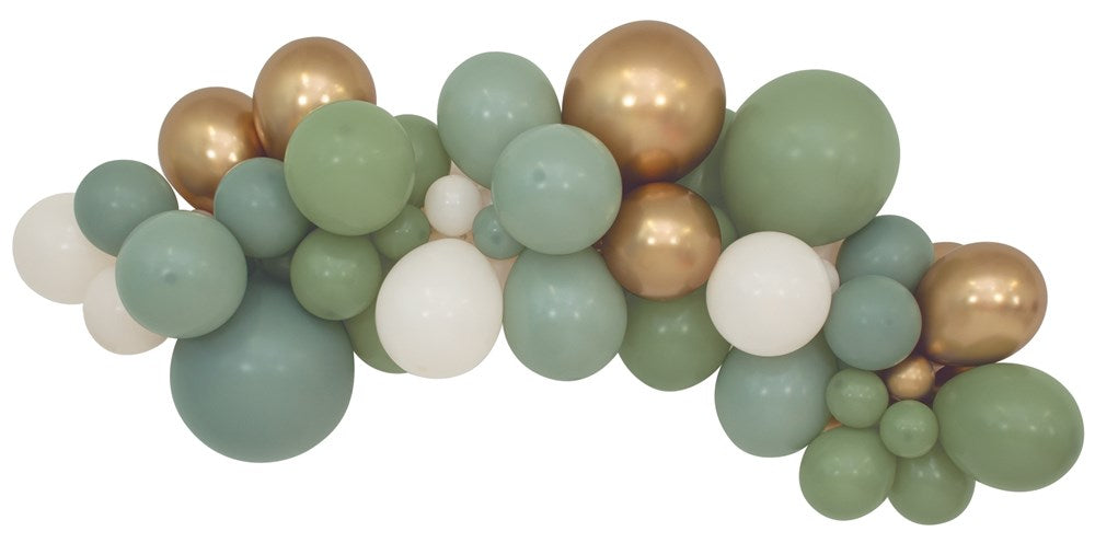 Latex balloon garland in shades of green, white, and metallic gold with varying sizes and leafy cluster design.