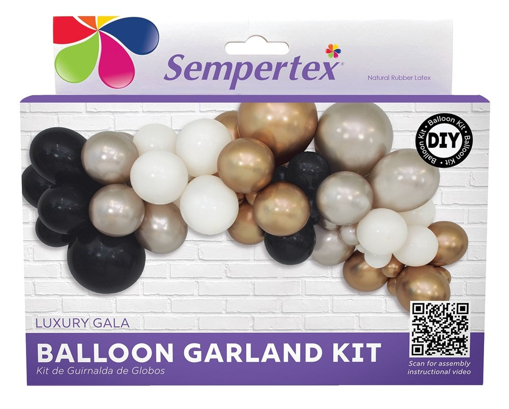 Black, white, and metallic gold latex balloons in a luxury garland kit packaging.