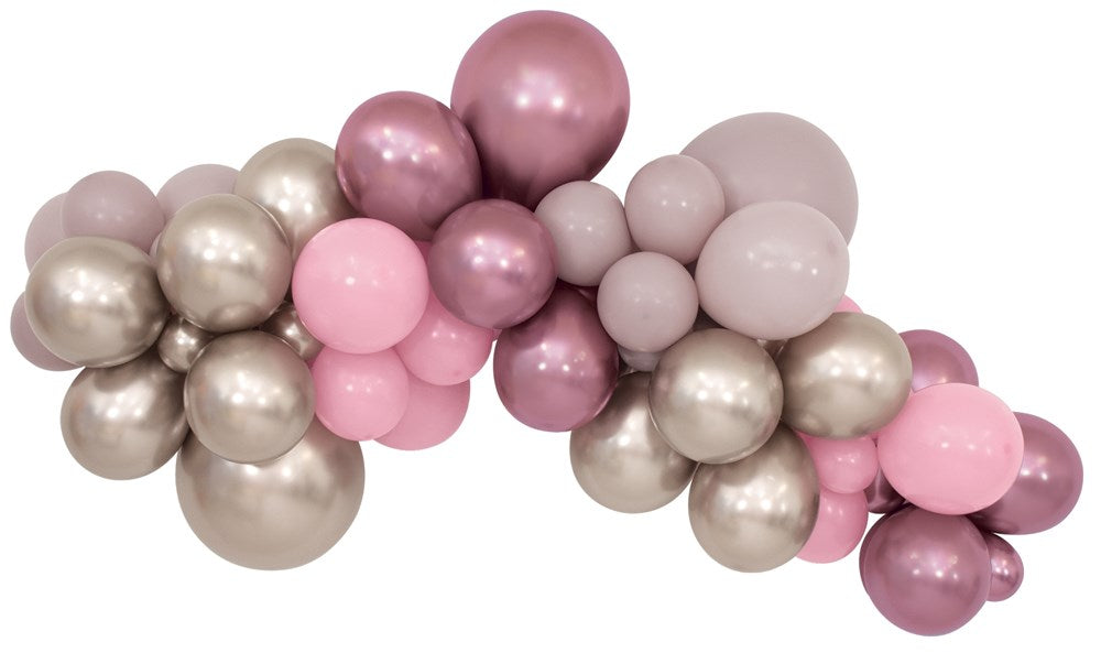 Latex balloon garland with sparkling pink, rose gold, light pink, and metallic champagne balloons in various sizes.