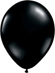 Glossy onyx black latex balloon with standard oval shape and tied end.