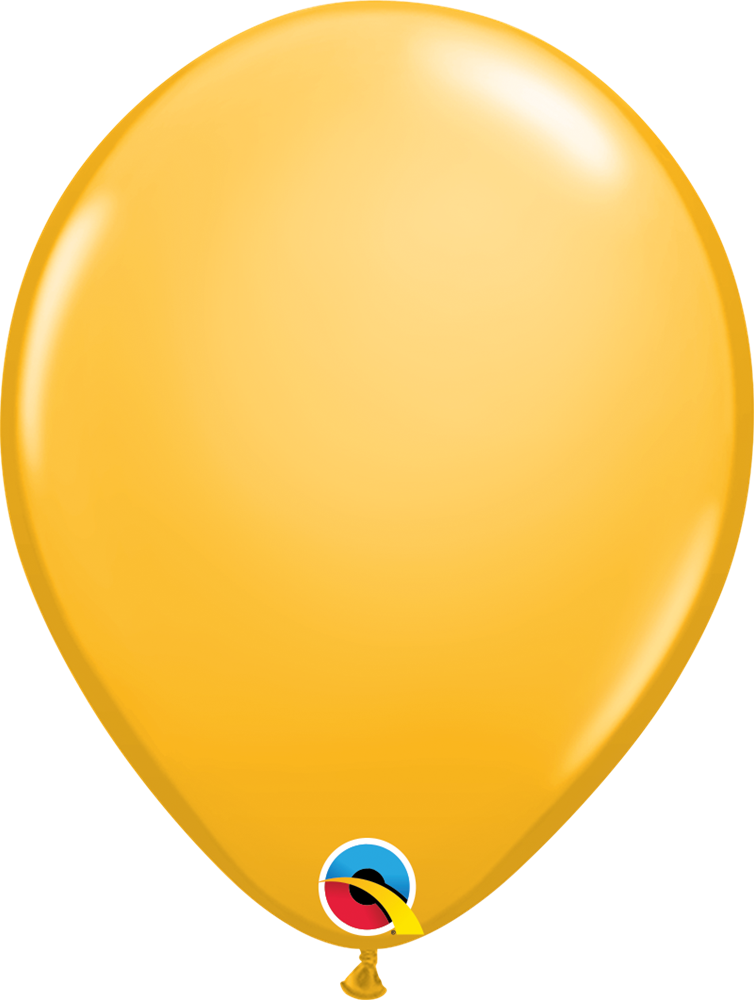 Glossy goldenrod yellow latex balloon with rounded shape and Qualatex logo near the bottom.