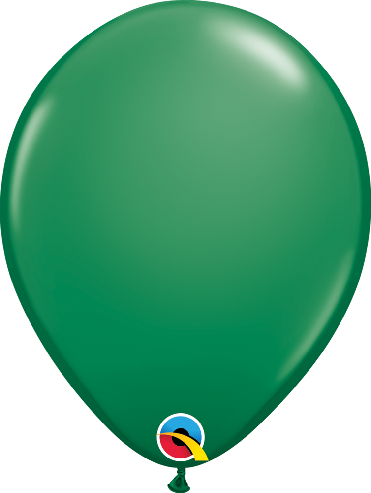 Dark green 11-inch round latex balloon with Qualatex logo on the neck.