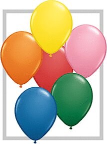 Assorted 11-inch latex balloons in yellow, orange, pink, red, green, and blue colors, smooth and shiny surface.
