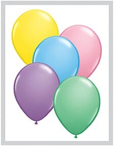 Assorted pastel latex balloons in yellow, pink, blue, purple, and green, 11-inch round shape.