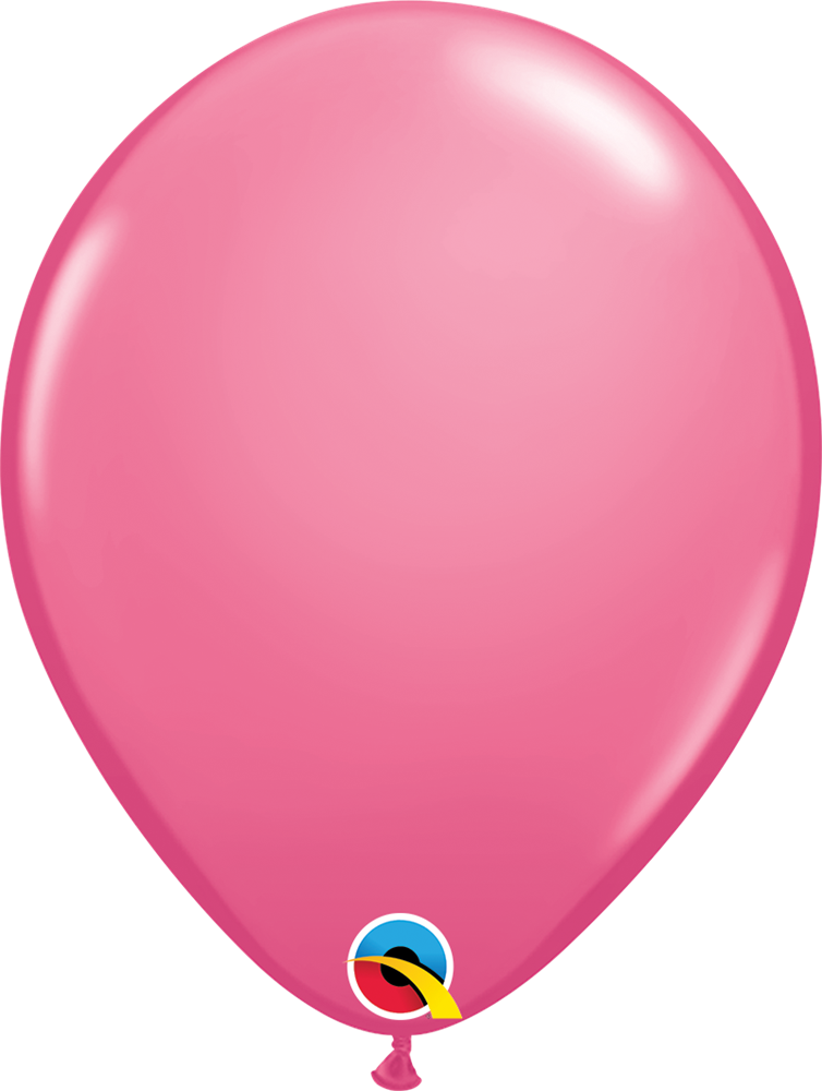 Glossy rose pink latex balloon inflated to 11 inches with a rounded teardrop shape and tied end.