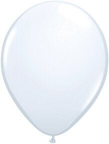 Glossy white latex balloon, standard round shape, 11 inches inflated size, tied end.