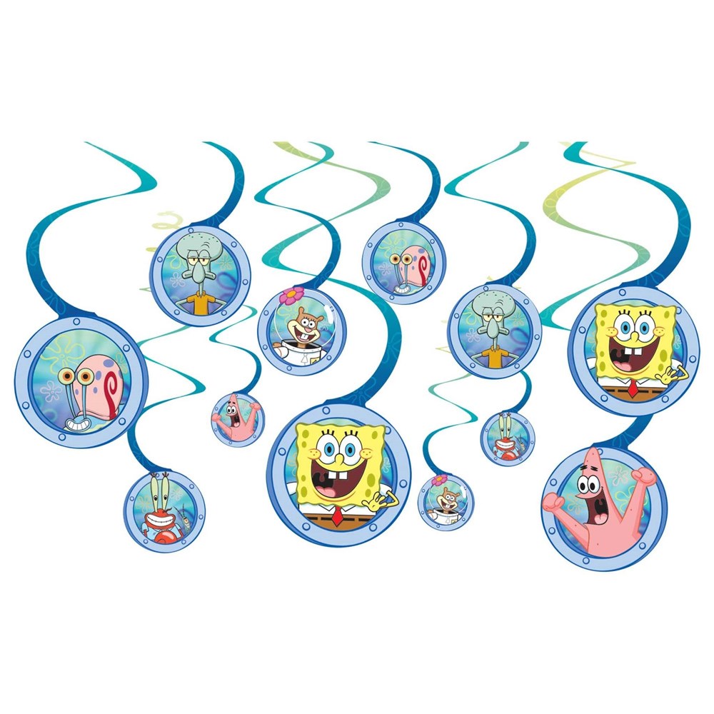Blue spiral hanging decorations featuring round cutouts of SpongeBob SquarePants characters in vibrant colors.
