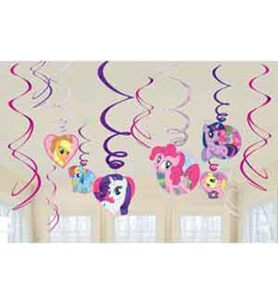 Hanging pink and purple spiral streamers with attached My Little Pony character cutouts in bright colors, floating above.